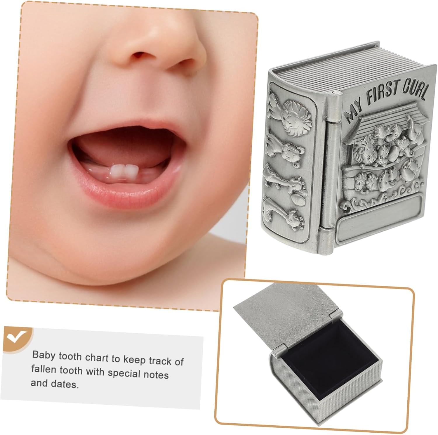 2 Pcs Baby First Tooth and Curl Keepsake Boxes Metal Storage Containers for Newborns Silver Retro Treasure Chest image number 3
