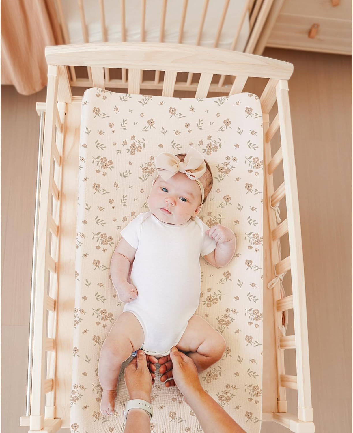 Konssy Muslin Changing Pad Cover for Baby Girls Boys, 100% Cotton Fitted Diaper Chang Table Covers, Soft Breathable Changing Pad Sheets, 2 Pack (Blossom, Cream) image number 6