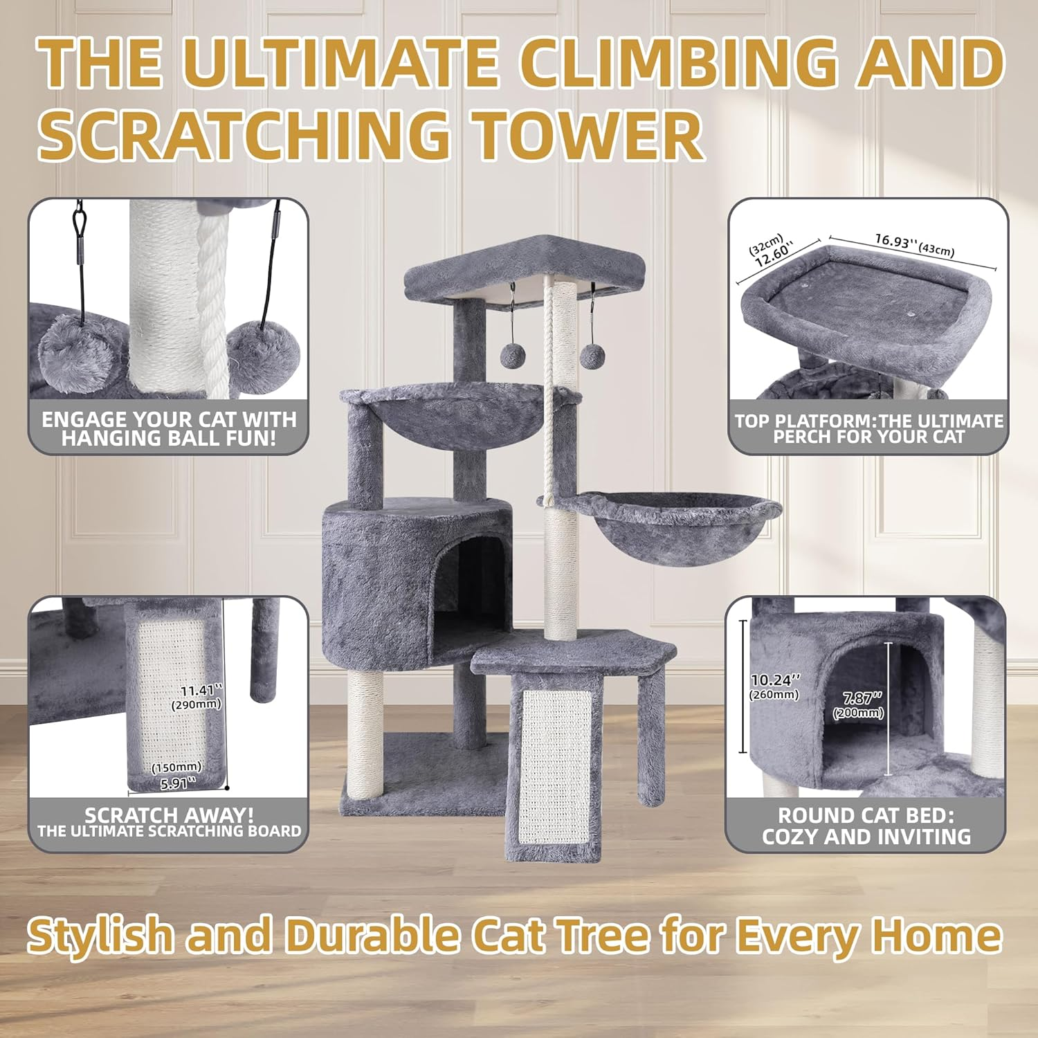 ROYPET 37.4'' Three Layer Cat Tree with Cat Condo Scratching Pad and Two Hammocks, Grey image number 3