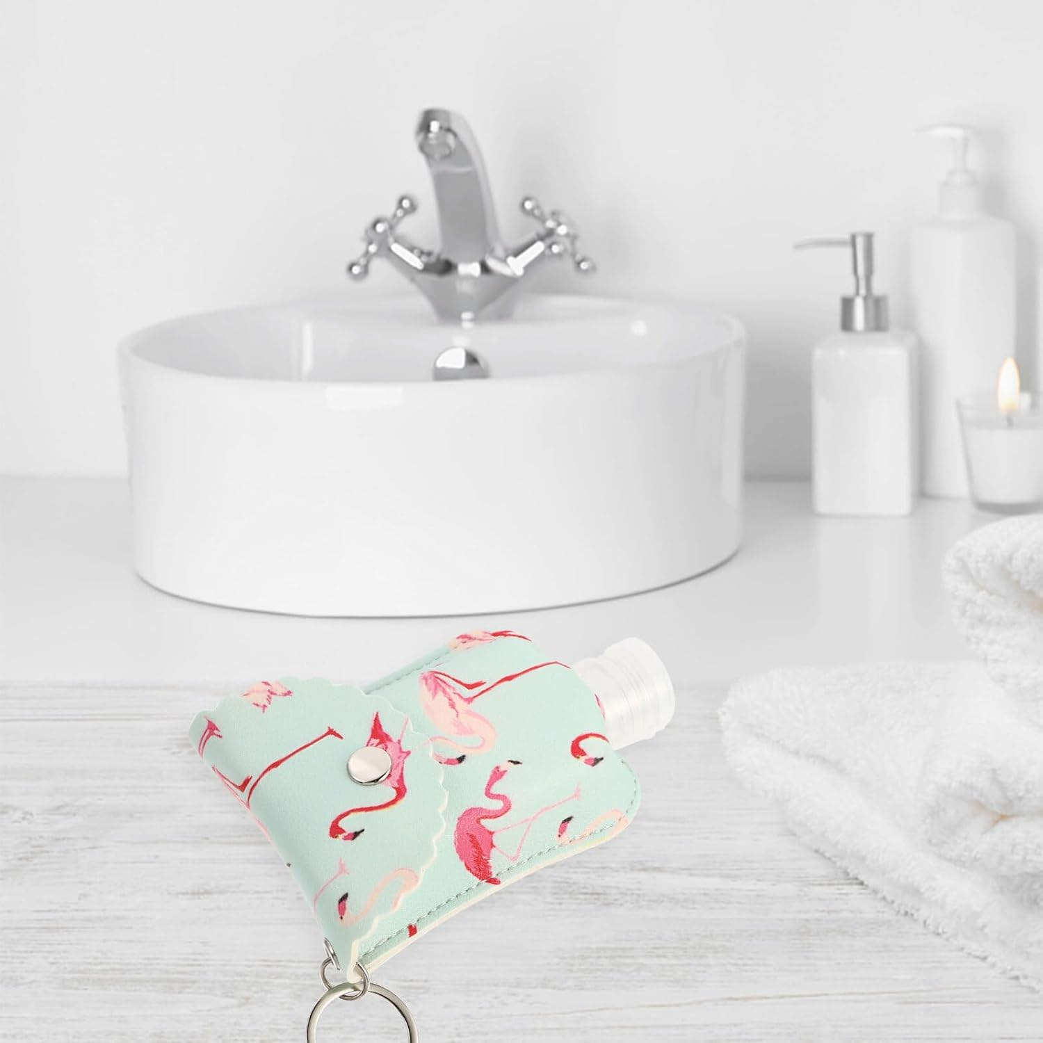 ADOCARN 60Ml Travel Hand Sanitiser Bottle PU Leather Keychain Holder, 2Pcs Set Portable Hand Leather Case for Travel Bottle Container Random Style image number 1