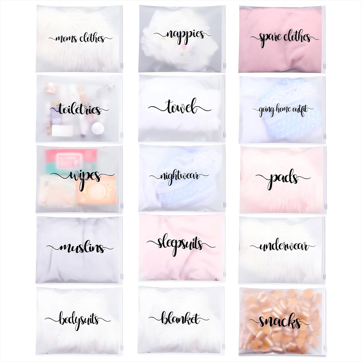 BOAO 15 Pack Hospital Bags for Labor and Delivery 11 X 14 Inch Diaper Bag Organizing Pouches Resealable Maternity Hospital Bag, Black Letter, Plastic Bags image number 2