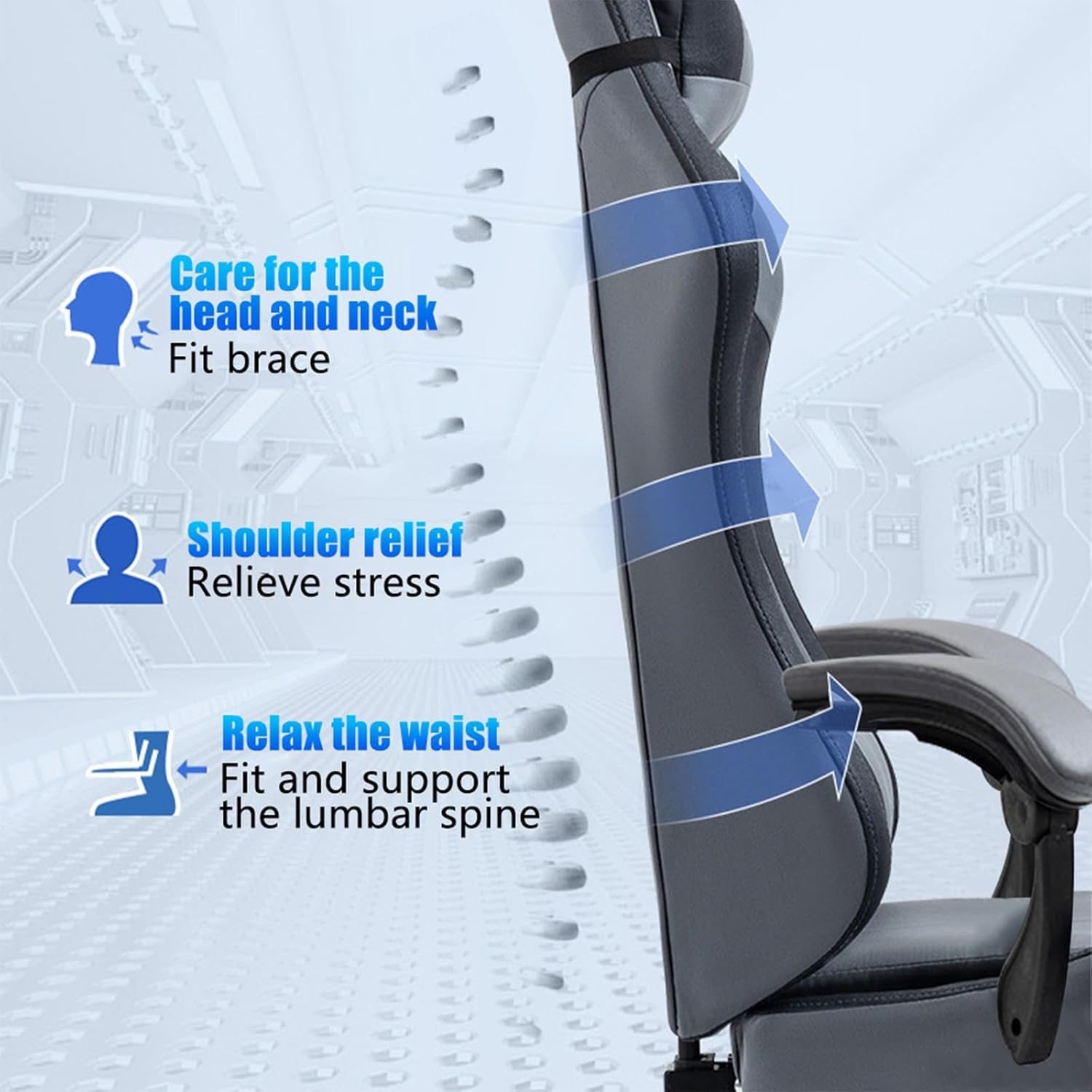 Technology Fabric Gaming Chair, Racing Massage Seat with Footrest, Ergonomic Support, 90-135&deg; Tilt, Breathable Fabric, Adjustable Lumbar, High-Back Recliner for Home Office (Grey) - Bluewite image number 5