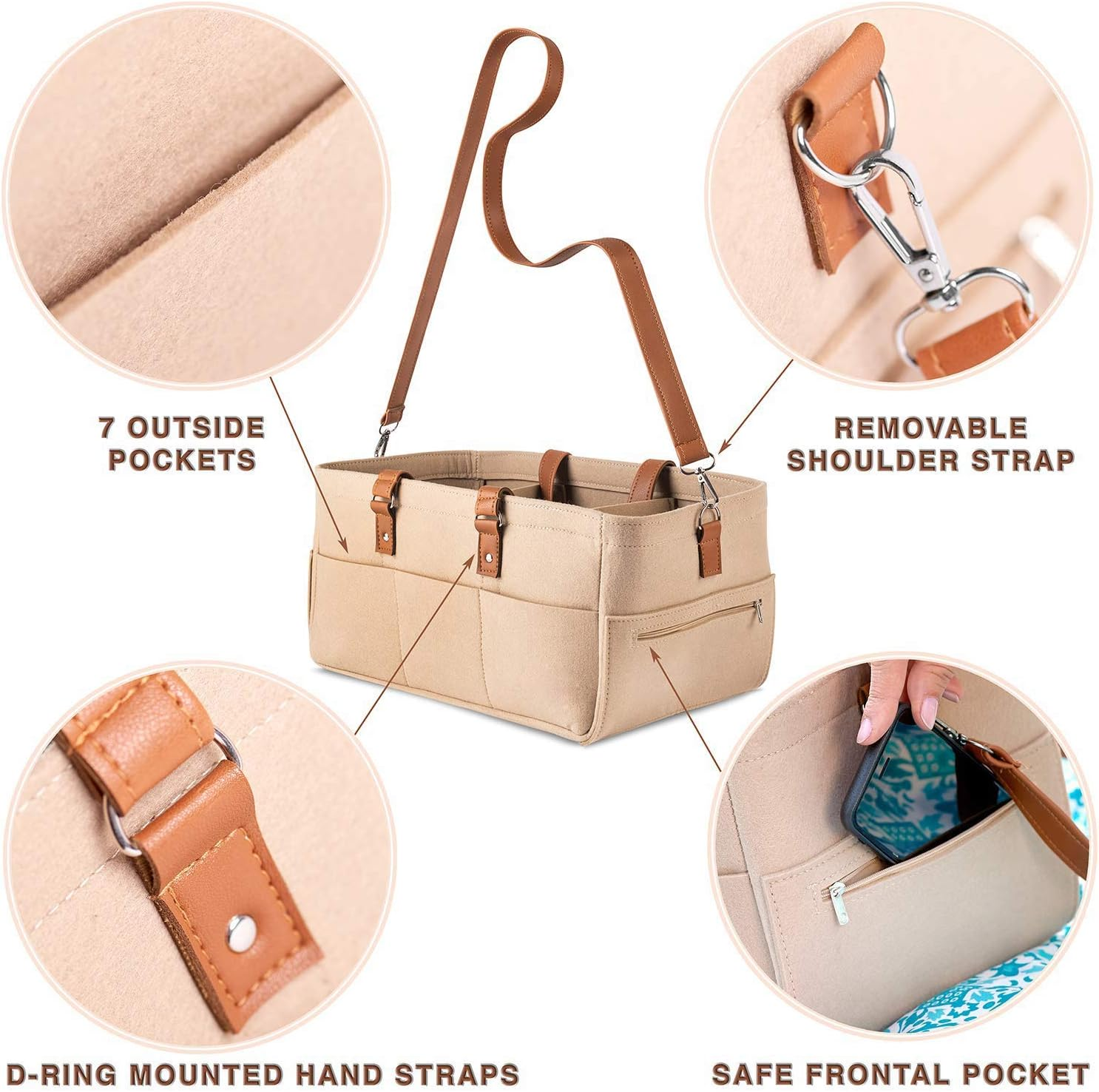 Monland Baby Diaper Organizer, Felt Basket Bag with Customizable Compartments, Leather Handles image number 6