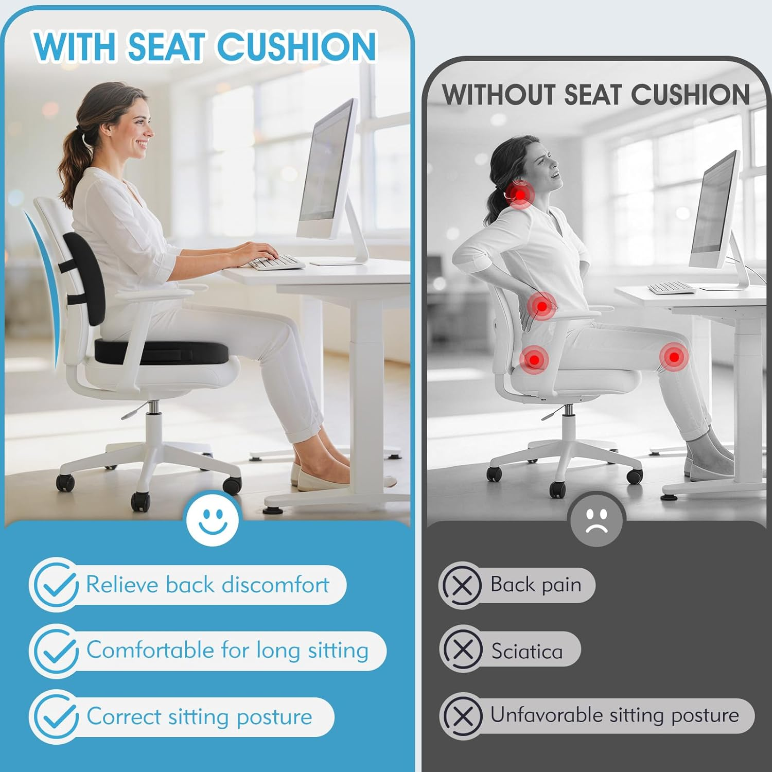 Seat Cushion, Lumbar Support Pillow with Adjustable Strap-Chair Cushions for Sciatica Pain Relief-With Washable Cover Memory Foam for Car, Travel and Wheelchair-Black image number 1