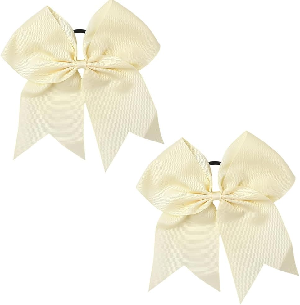 SUNNYCLUE 1 Box 2Pcs White Bow Ponytail Bowknot Elastic Hair Ties Coquette Cornsilk Large Jumbo Bowknots Chear Pony Hair Tails Holder Band Bulk for School Soccer Rugby Sports Favours Women Adults