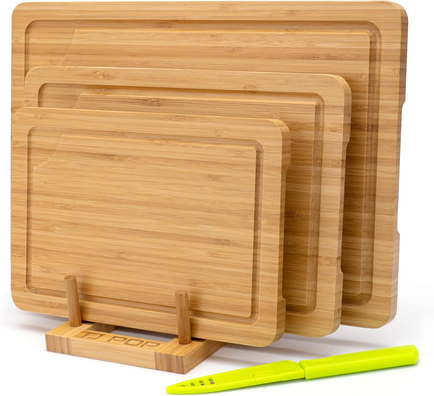 TJ POP Bamboo Chopping Board 3-Piece, Cutting Board Set with Juice Groove, Wooden Chopping Boards with Stand, Perfect for Kitchen Meal Prep & Serving