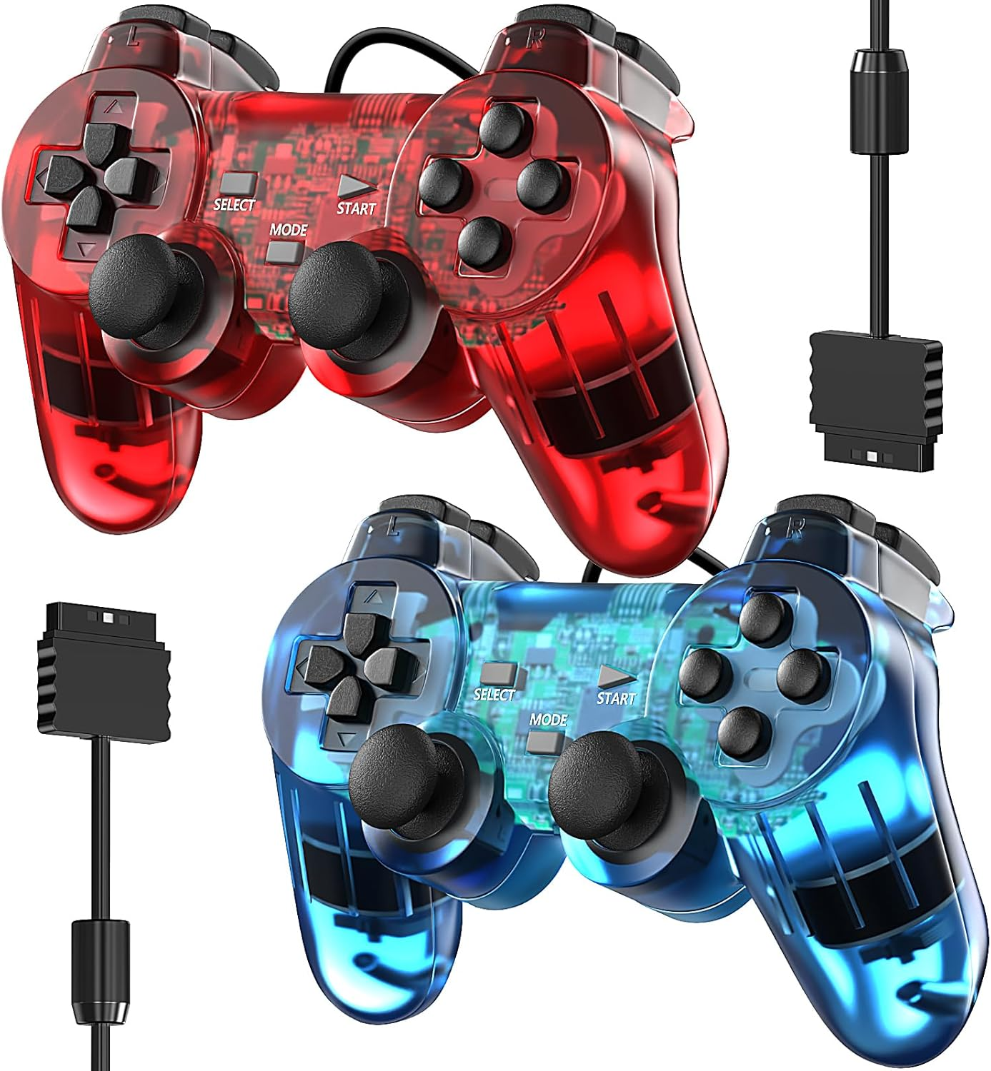 Wired Controller for PS2 Double Shock, 2 Pack Gamepad Remote Compatible with Play Station 2 (Clear Red and Clear Blue)
