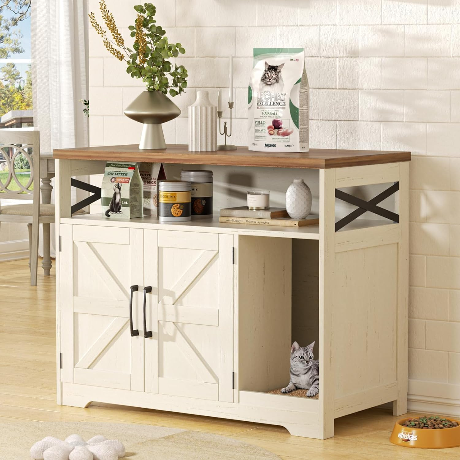 Cat Litter Box Enclosure, Hidden Litter Box Furniture with Scratch Pad, Farmhouse Indoor Cat House Washroom End Table, White image number 2