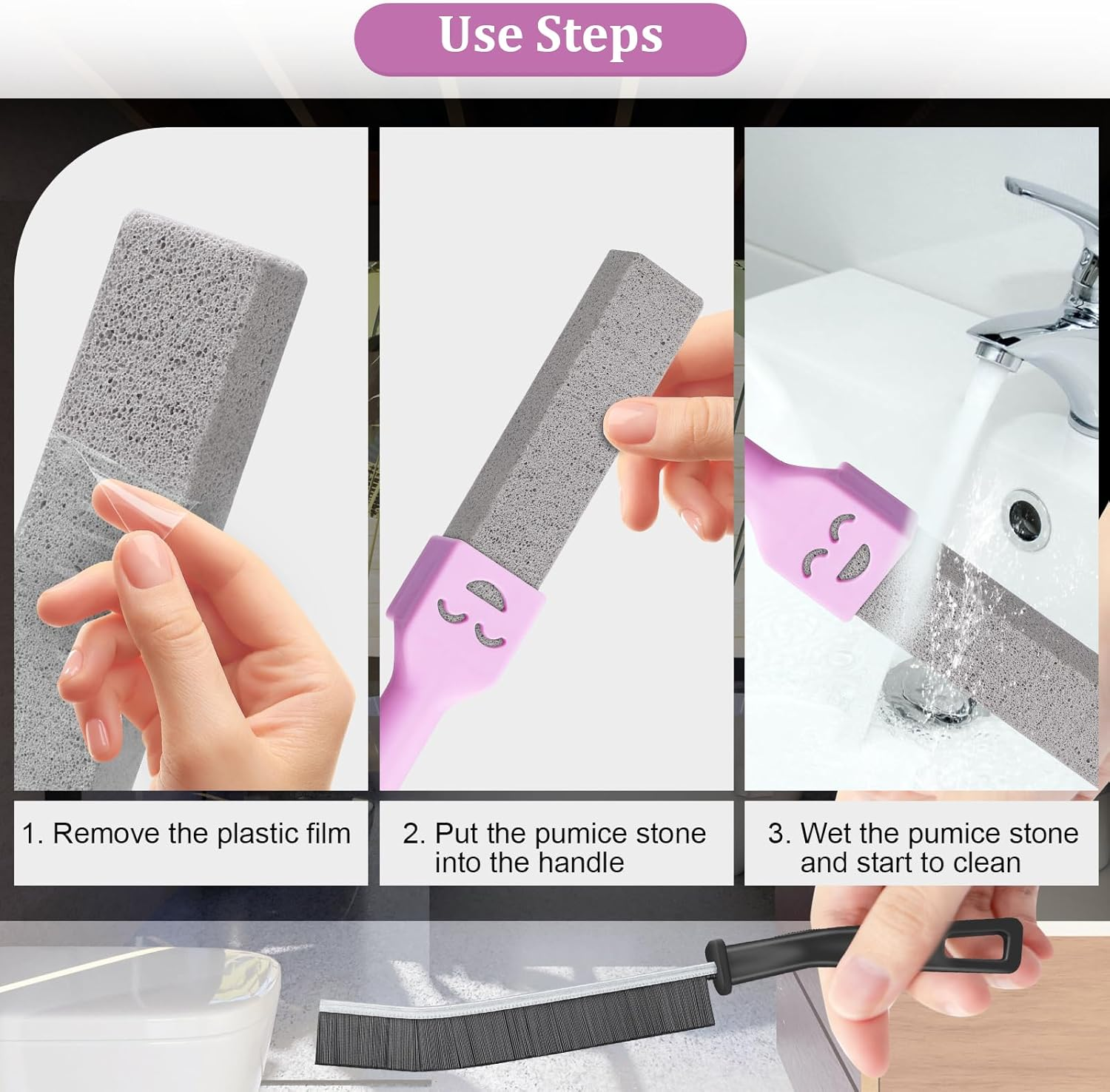 Pack of 6 Pumice Stone Toilet Cleaner with 2 Handles, Urine Stone Remover, Extra Strong, Natural Pumice Stones for Toilet, Bathroom, Kitchen, Swimming Pool (Purple) image number 2