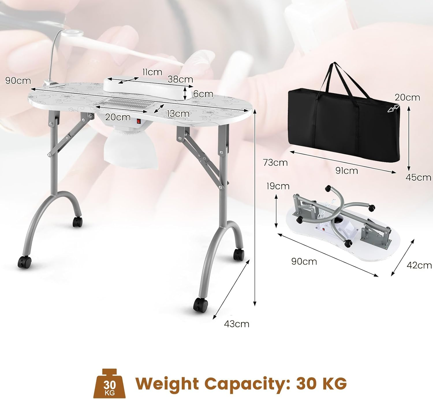 Costway Folding Manicure Nail Table with Electric Dust Collector, Portable Nail Table with Bendable LED Table Lamp, Removable Wrist Pad, Carrying Bag, 4 Lockable Wheels, Spa Salon Workstation image number 6