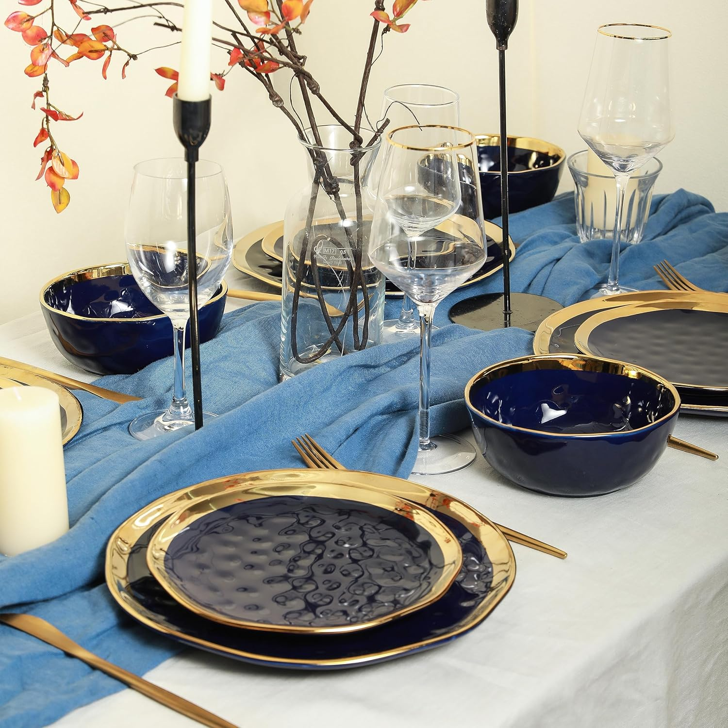 Stone Lain Porcelain 16 Piece Dinnerware Set, Service for 4, Blue and Golden Rim, Dark Blue - Blue With Gold Rim image number 3