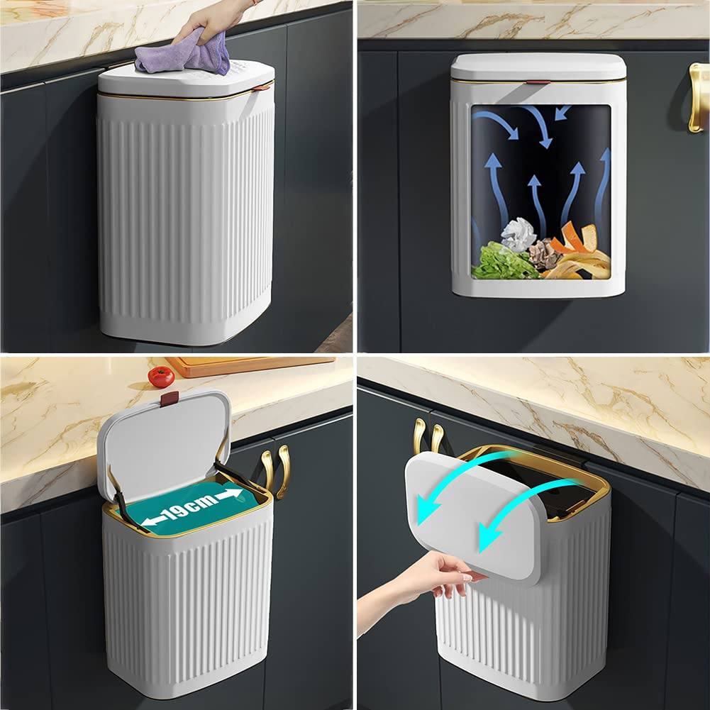 Hanging Trash Bin with Lid, 8 Liter Stainless Steel Garbage Can for Cupboard or under Sink, Wall Mounted Kitchen Compost Bin Wastebasket for Bedroom, Bathroom, Office(Black) - White image number 2