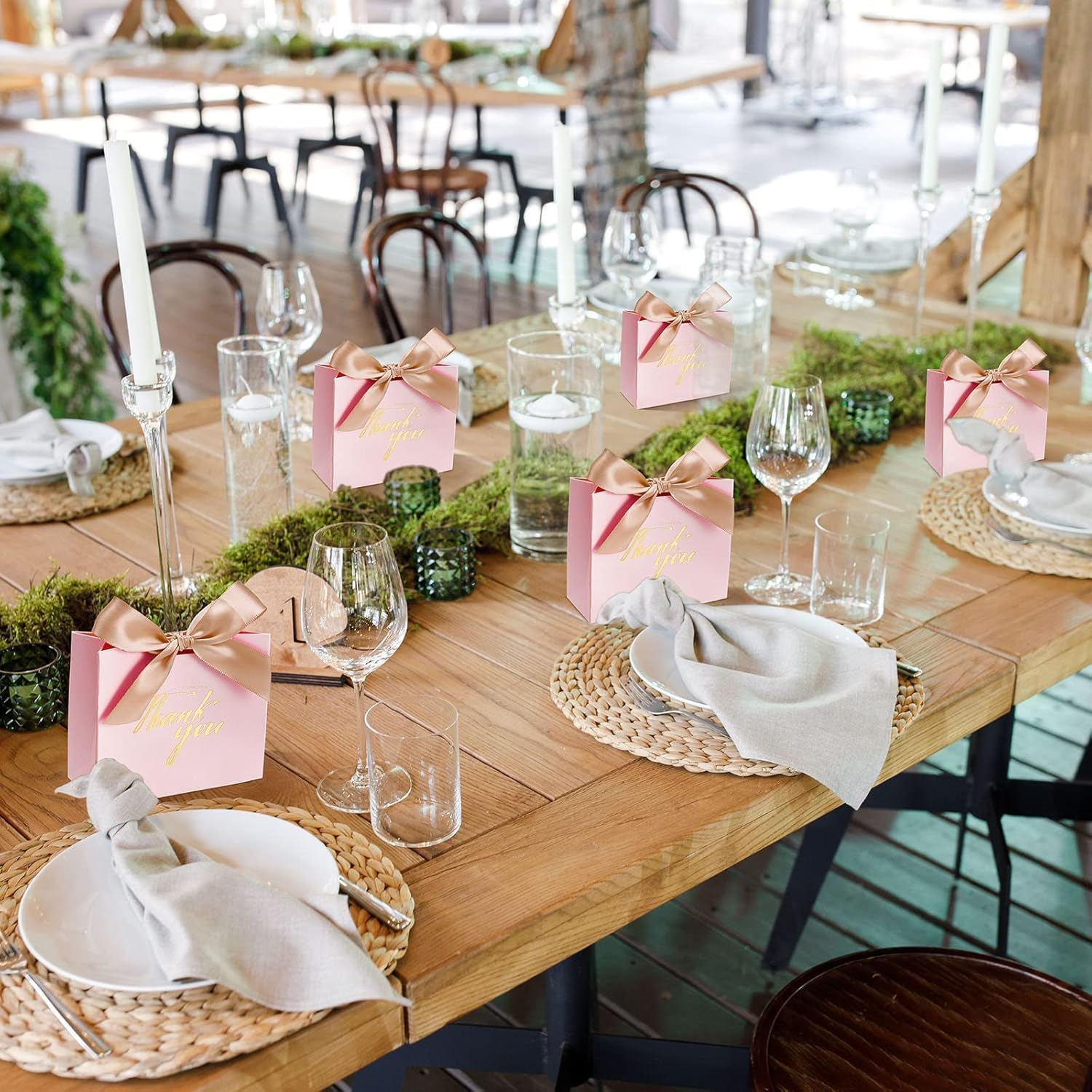 25 Pcs Small Thank You Gift Bags with Gold Bow Ribbon - Pink Patterned Paper Party Favor Treat Boxes (Pink)