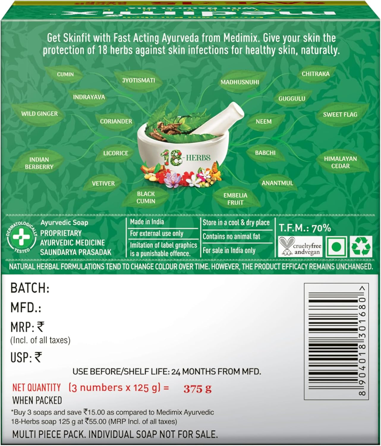 Medimix Ayurvedic Classic 18 Herbs Soap, 3X125G image number 6