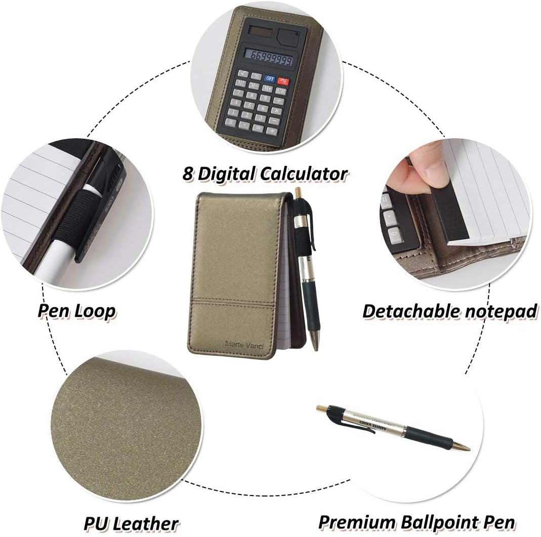 SAYEEC A7 Pocket Jotter Organizer Small Memo Notepad with Pen Journal Notebook with Calculator Faux Leather Cover Business Writing Pad for Trader/Students/Sales Rep 80 Pages - 2 Pack image number 3