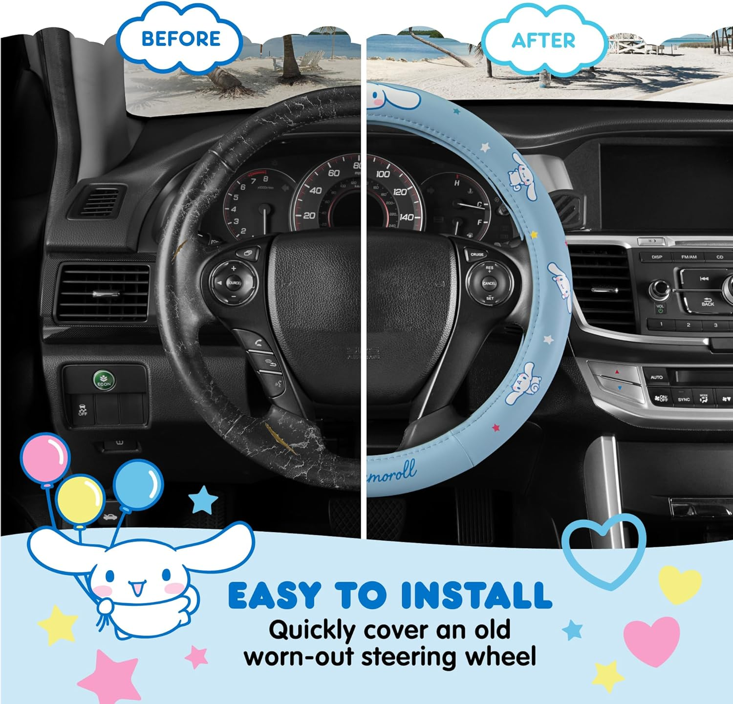 Sanrio Hello Kitty and Friends Cinnamoroll Blue Car Steering Wheel Cover, Universal Fit Cute Accessories for Women Stylish Decor Gifts Hello Kitty Car Accessories - Fits Standard Wheels 14.5"-15" image number 1
