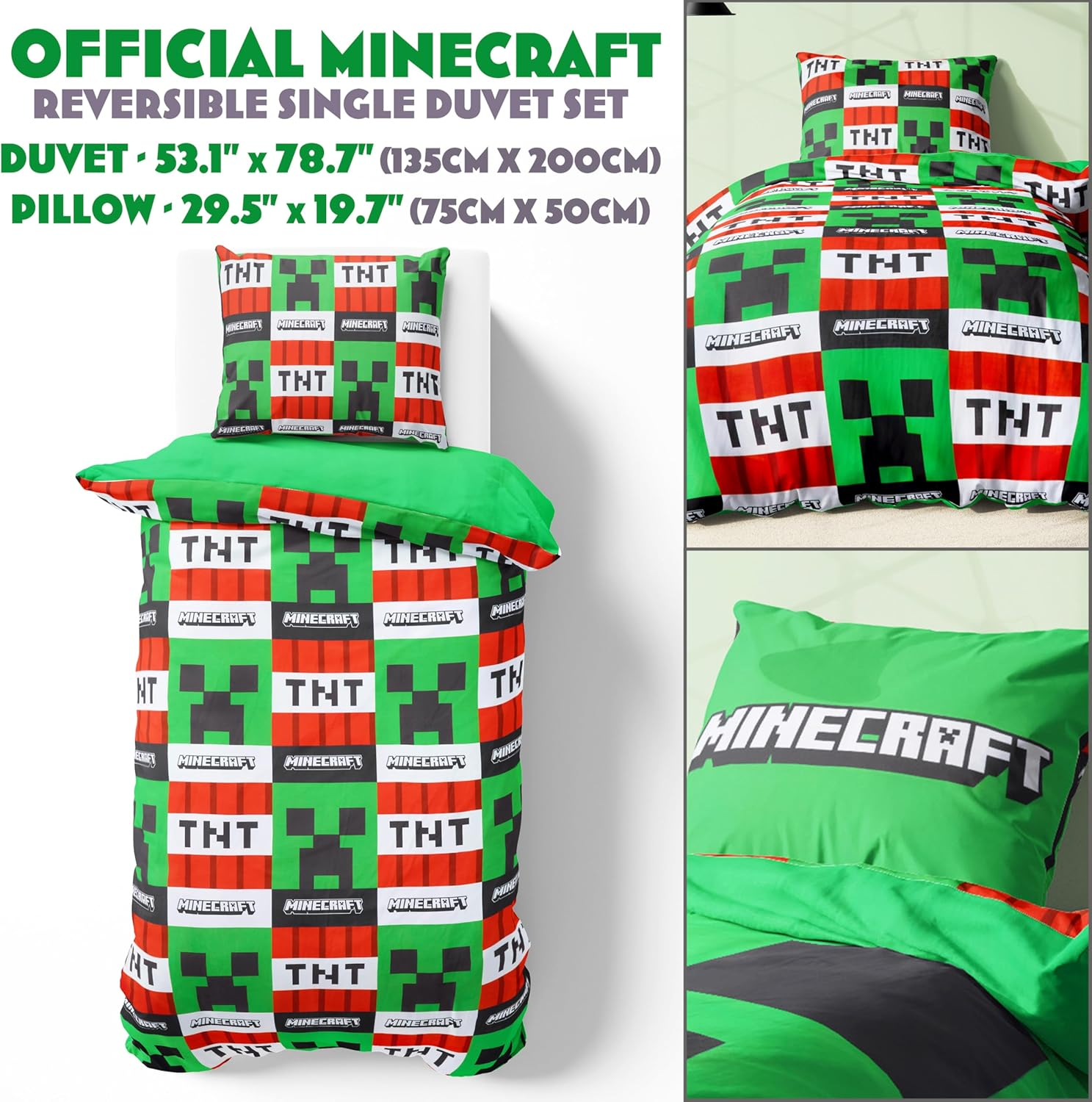 Get Trend Minecraft Single Duvet Cover Set Kids & Teens, Reversible Bedding & Pillowcase for Boys & Girls, Bedroom Accessories, Anime Gifts for Boys (Green Minecraft, Single)