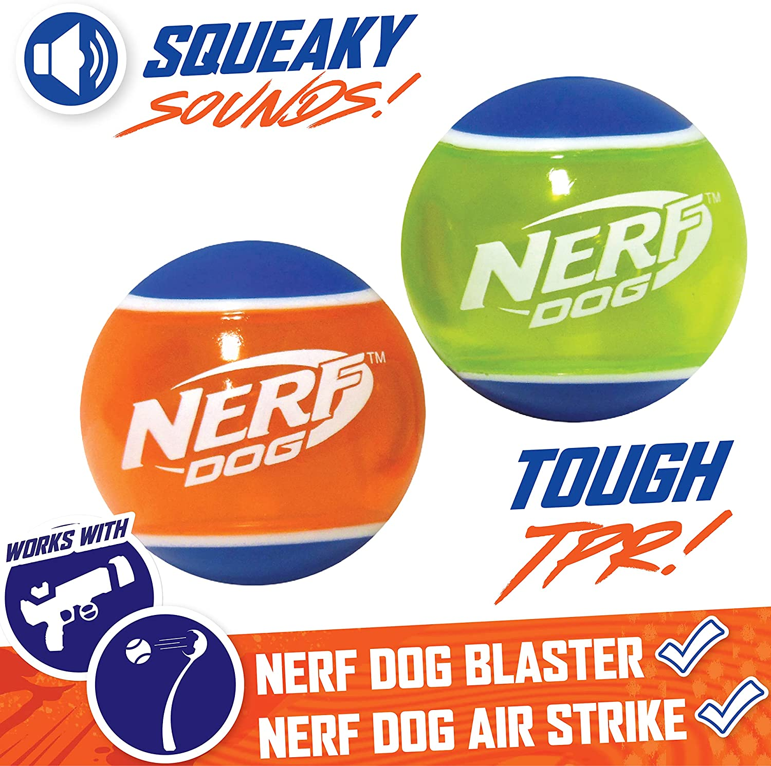 Nerf Dog Rubber Tennis Ball Dog Toys with Interactive Squeaker, Lightweight, Durable and Water Resistant, 2 Inches, for Small/Medium/Large Breeds, Two Pack, Mixed Colors