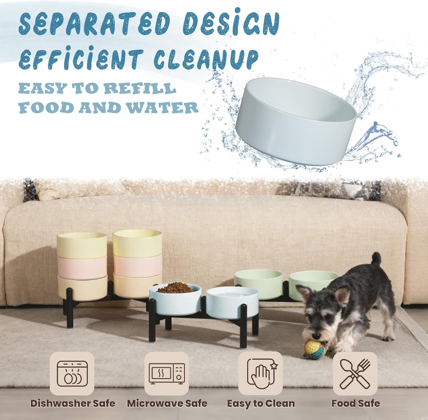 Ceramic Elevated Dog Bowl Set - Dog Feeder Station with Cute-Style Double Bowls for Small and Medium Size Breed - Non-Slip Raised Dish for Food and Water Feeding- 6 Inch - 3.5 Cups / 20 Fl Oz - Khaki image number 3