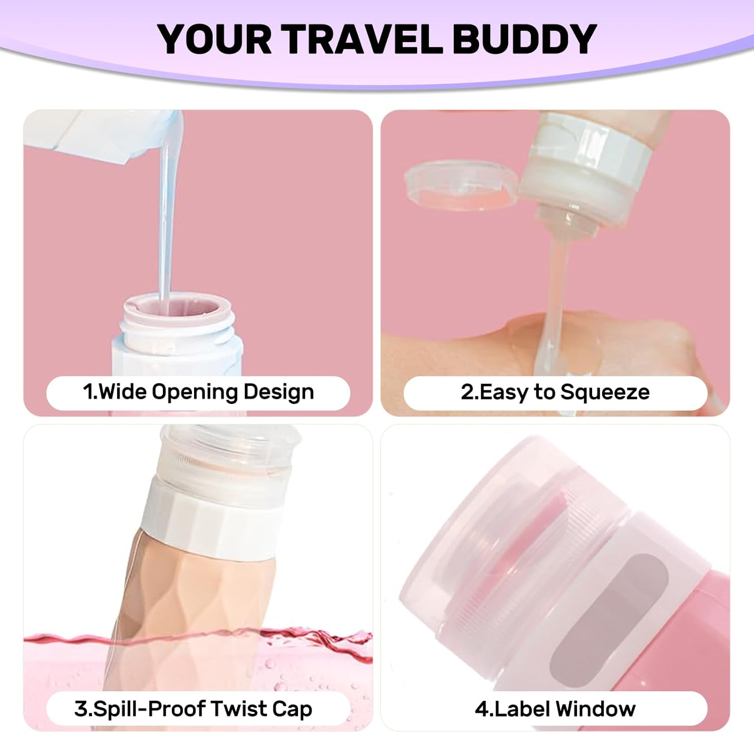 Rhoyee Leak Proof Silicone Travel Bottles for Toiletries 4PCS TSA Approved Refillable Travel Size Containers for Shampoo Conditioner Lotion for Business Travel Holidays Students and Moms image number 3