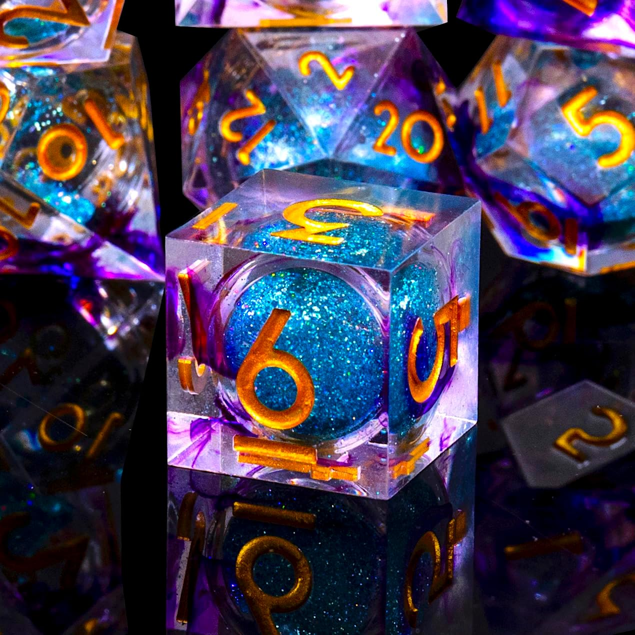 Liquid Core DND Dice Set,Sharp Edge Liquid Core Resin Handmade Cat Eye Dice with Gift Box 7 PCS for Role Playing Dungeons and Dragons Ttrpg(Purple&Blue Quicksand) - Blue Dark Cat Eye image number 4