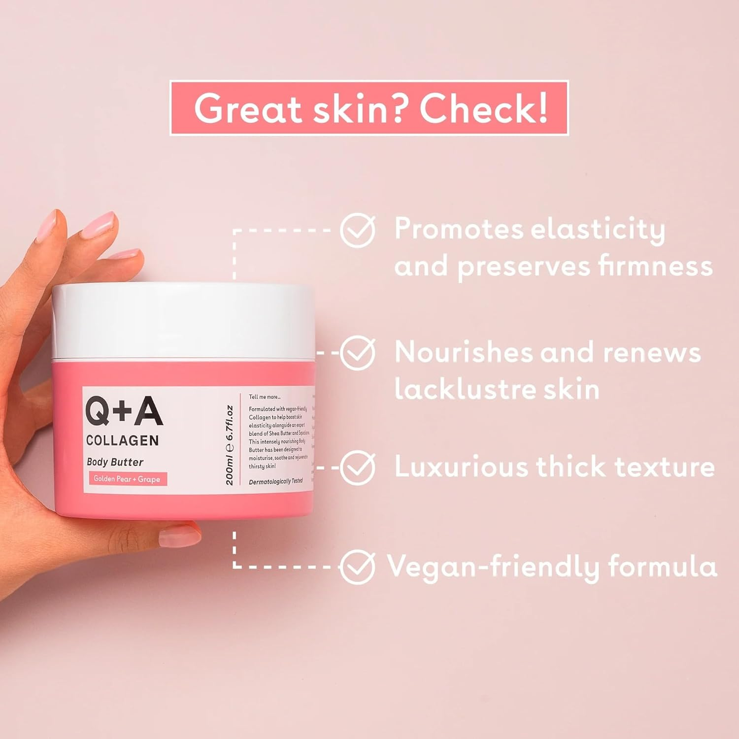 Q+A Collagen Body Butter: Luxuriously Rich, Intensely Moisturising Vegan Formula with Hydrolysed Vegetable Protein, Shea Butter, Squalane, and Golden Pear and Grape Scent for Soft, Supple Skin, 200Ml image number 4