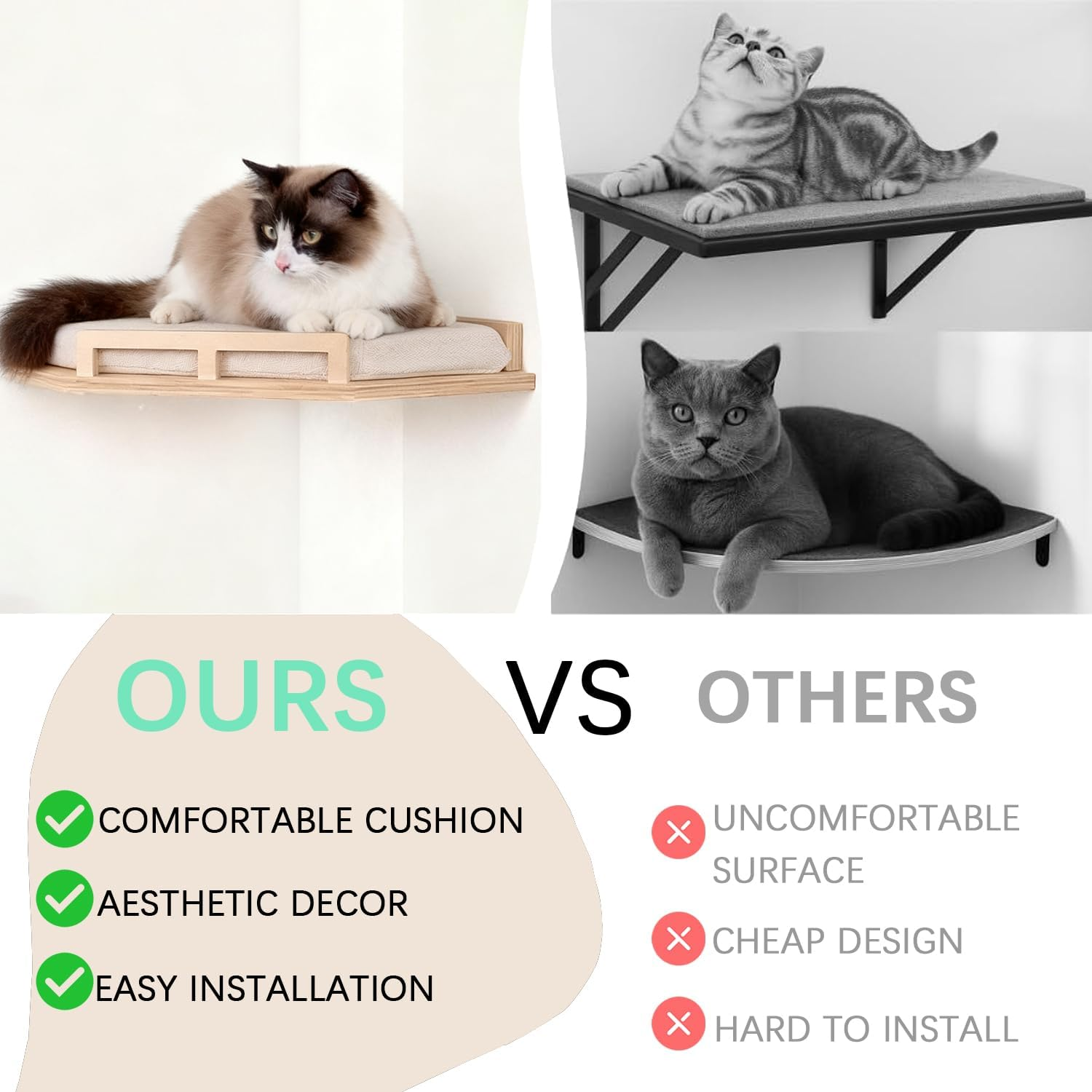 Cat Wall Shelves - Contemporary & Sturdy 3-Tier Wall-Mounted Cat Furniture with Cozy Perch - Space-Saving Birch Floating Shelves for Pets up to 15Lbs - Premium Natural Wood Design image number 3