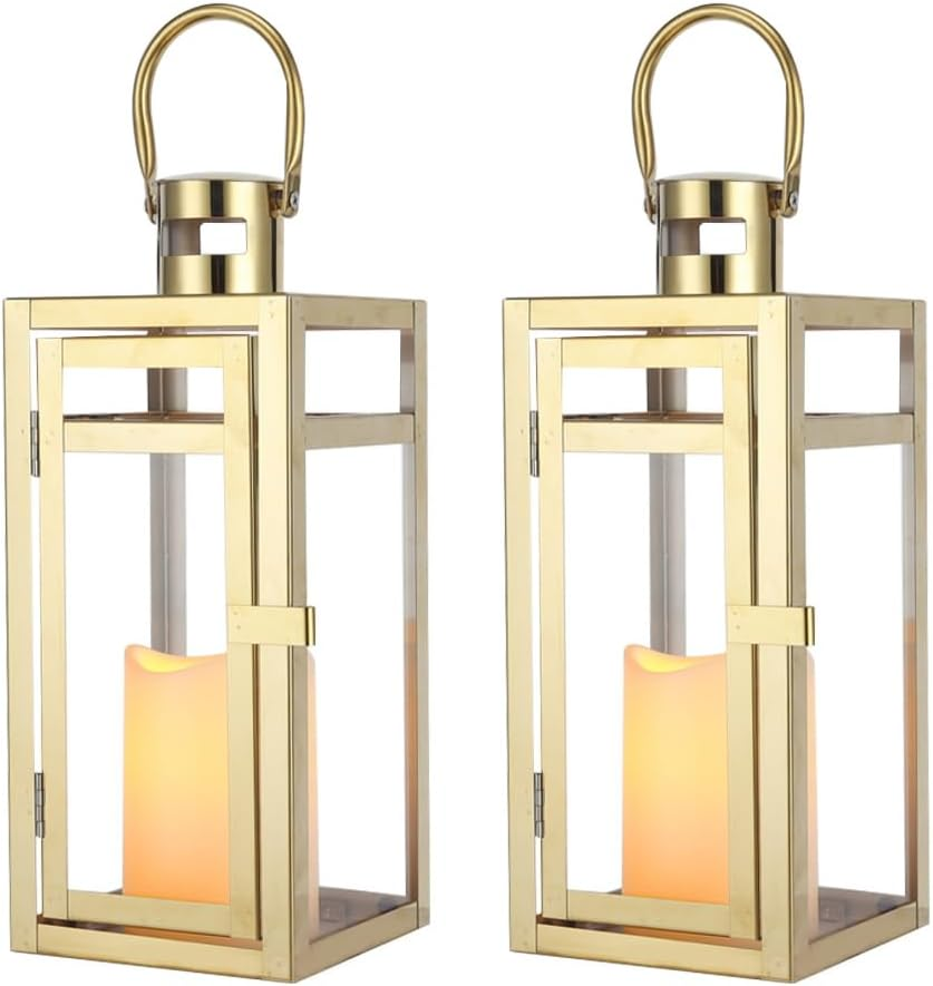 TRIROCKS Set of 2 Stainless Steel Decorative Lantern 12'' High Metal Candle Holder Outdoor Candle Lantern with Tempered Panels for Home Decor Living Room Parties Events Tabletop Indoor Outdoor (Gold) image number 1