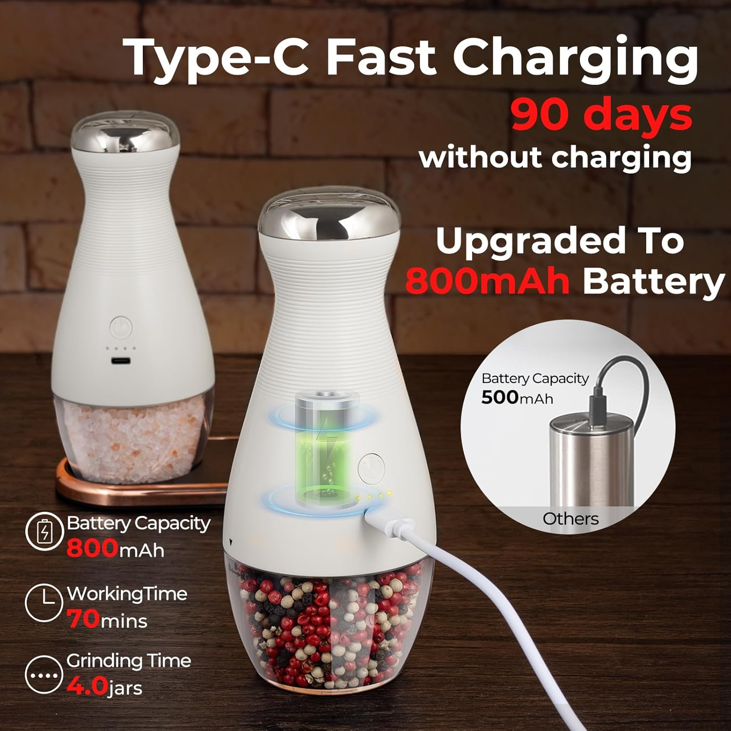 Gravity Electric Salt and Pepper Grinder Set, Adjustable Coarseness Rechargeable Automatic Pepper and Salt Mills One Handed Operation 2Pcs,White image number 3