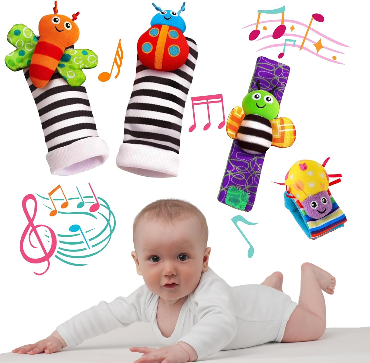 Baby Wrist Rattle Foot Finder Socks 4Pcs,Newborn Sensory Learning Toys for 0-3-6-12 Months, JOMWEN Cartoon Animal Rattles Tummy Time Toy Gift for Baby Boy Girl, Hand Bracelet Rattle Foot Socks