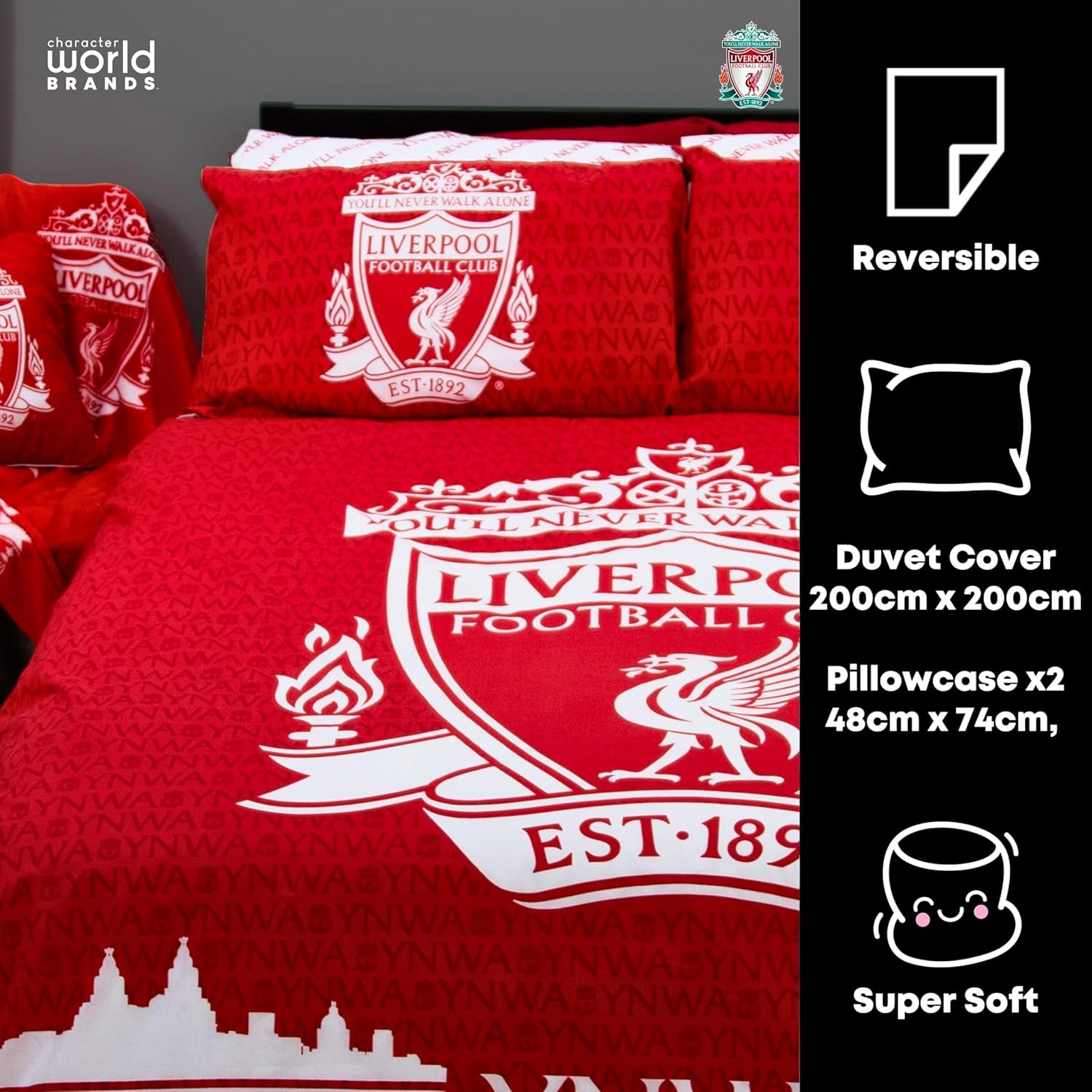 Character World Official Liverpool FC Double Duvet Cover Set, Tone Design | Red Reversible 2 Sided Football Bedding Cover Official Merchandise Including Matching Pillow Cases image number 1