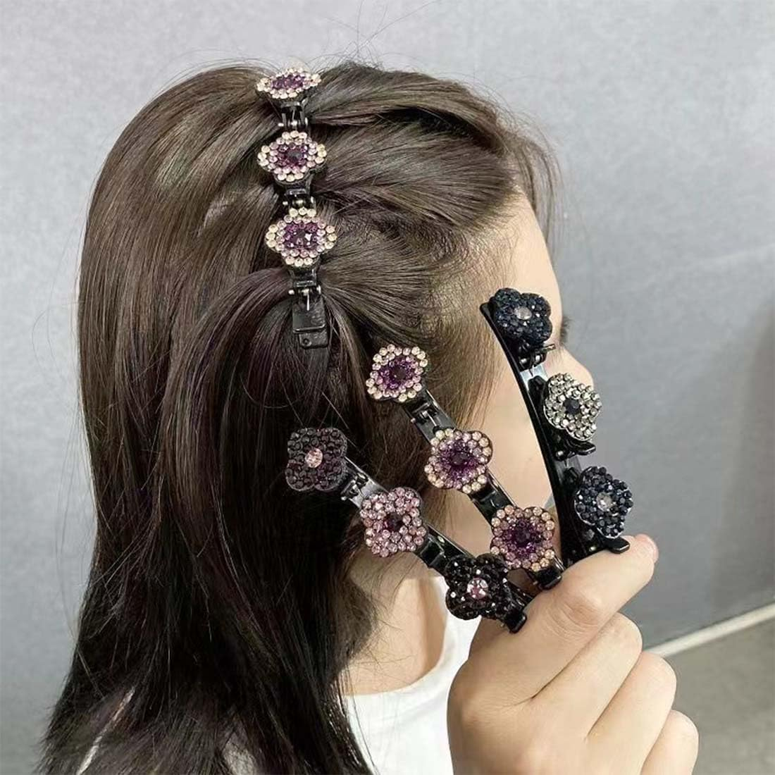 LAKJUOZ Pack of 8 Glittering Crystal Stone Braided Hair Clips, Hummingbird Hair Clip with Crystal Flower, Braided with Mini Hair Clips, Double Layer Mini Hair Clips, Four Leaf Clover and Flowers image number 4