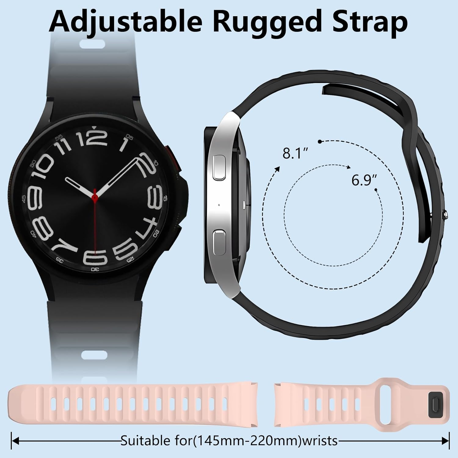 Rugged No Gap Band for Samsung Galaxy Watch 7 6 5 4 Band 44Mm 40Mm/Galaxy Watch 6 Classic Bands 47Mm 43Mm/Watch 5 Pro 45Mm/Watch 4 Classic 46Mm 42Mm, Silicone Wristband Sport Strap Men Women-Black image number 1