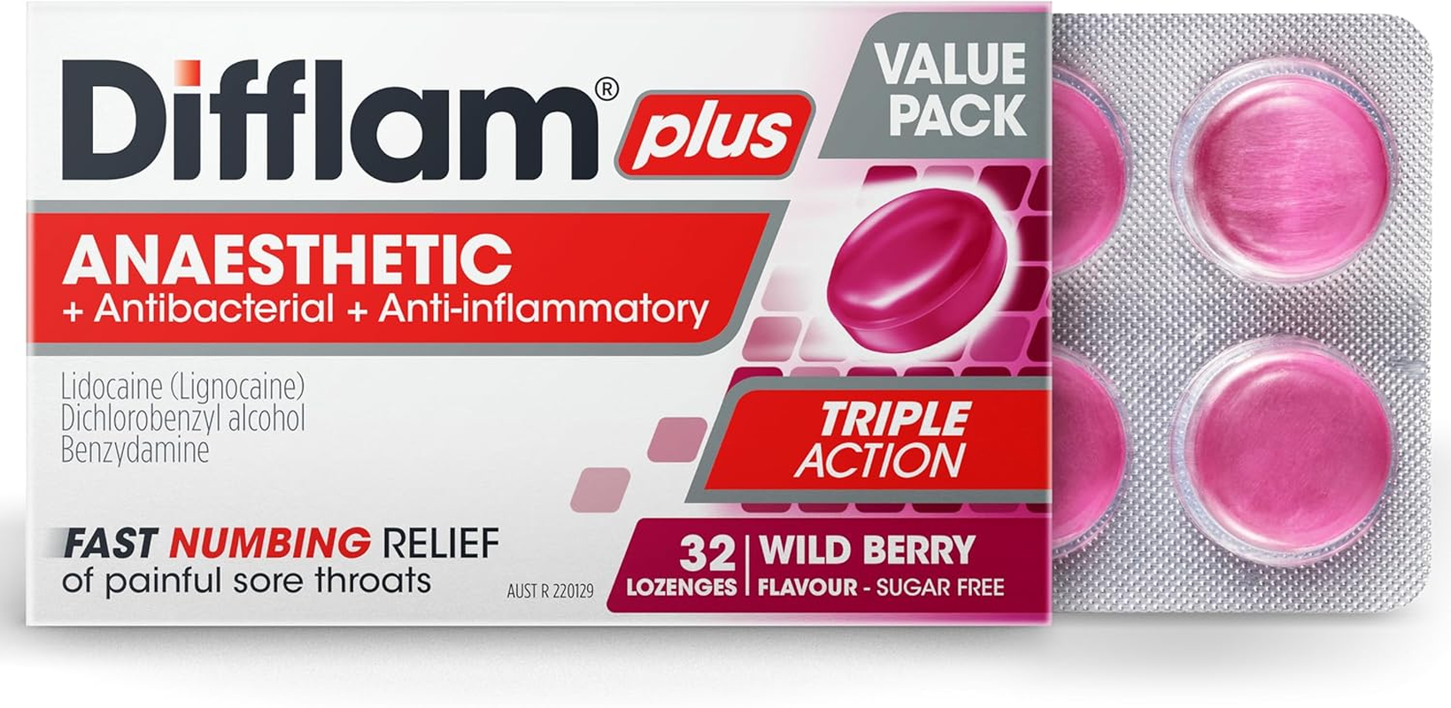 Difflam plus Anaesthetic Sore Throat Triple Action Lozenges, Berry (Pack of 64) image number 6