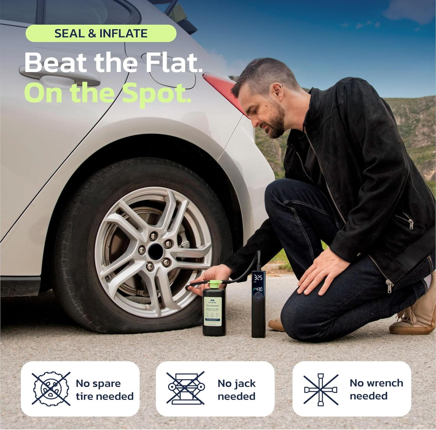 Woowind Tyre Sealant Instant Flat Tire Repair Kit (450Ml) &ndash; Seals Punctures up to 5Mm for Cars, Trucks & Suvs &ndash; TPMS Safe, No Tools Needed, All-Weather, Works with Most Inflators, Drive 125Mi image number 4