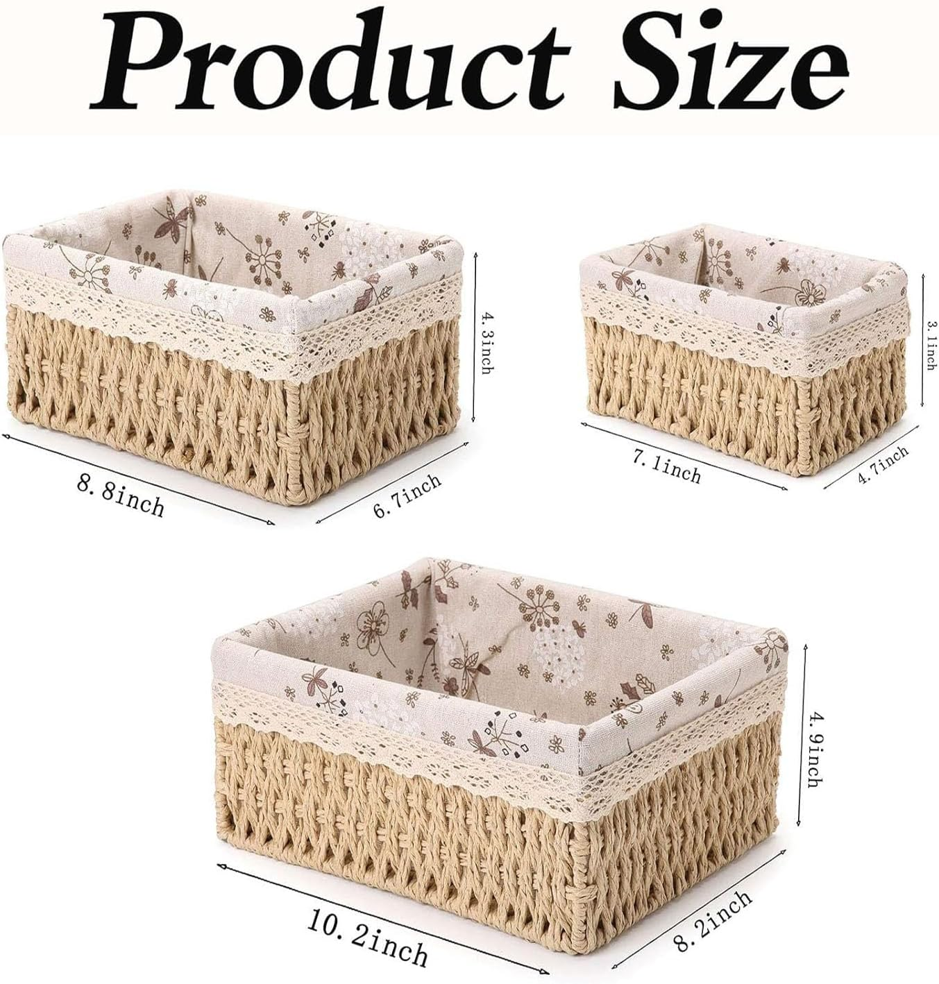3Pcs Storage Baskets, Wicker Basket,Wicker Storage Basket,Storage Basket Set with Removable Liner for Organizing Shelf, Woven Baskets, Decorative Baskets, Rectangular Baskets