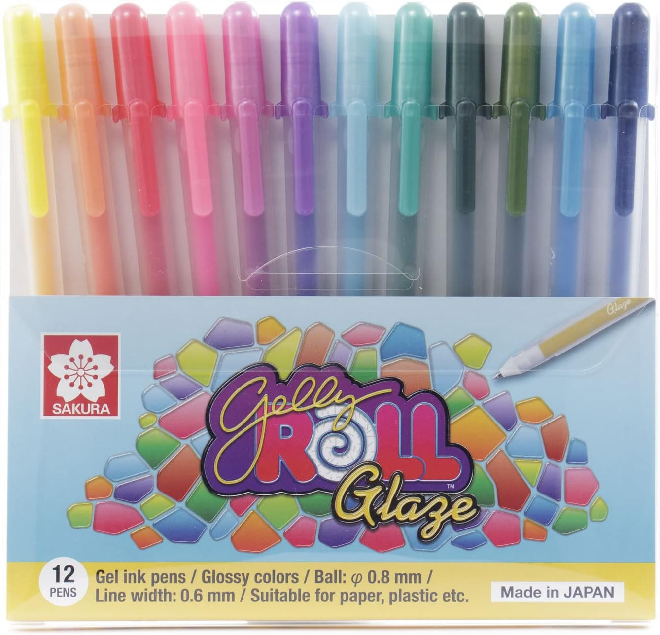 SAKURA Pen Gelly Roll Glaze Set of 12, 0.8Mm, Assorted Colors, Glossy Ink, 3-D Effect, Hard-Surface Compatible