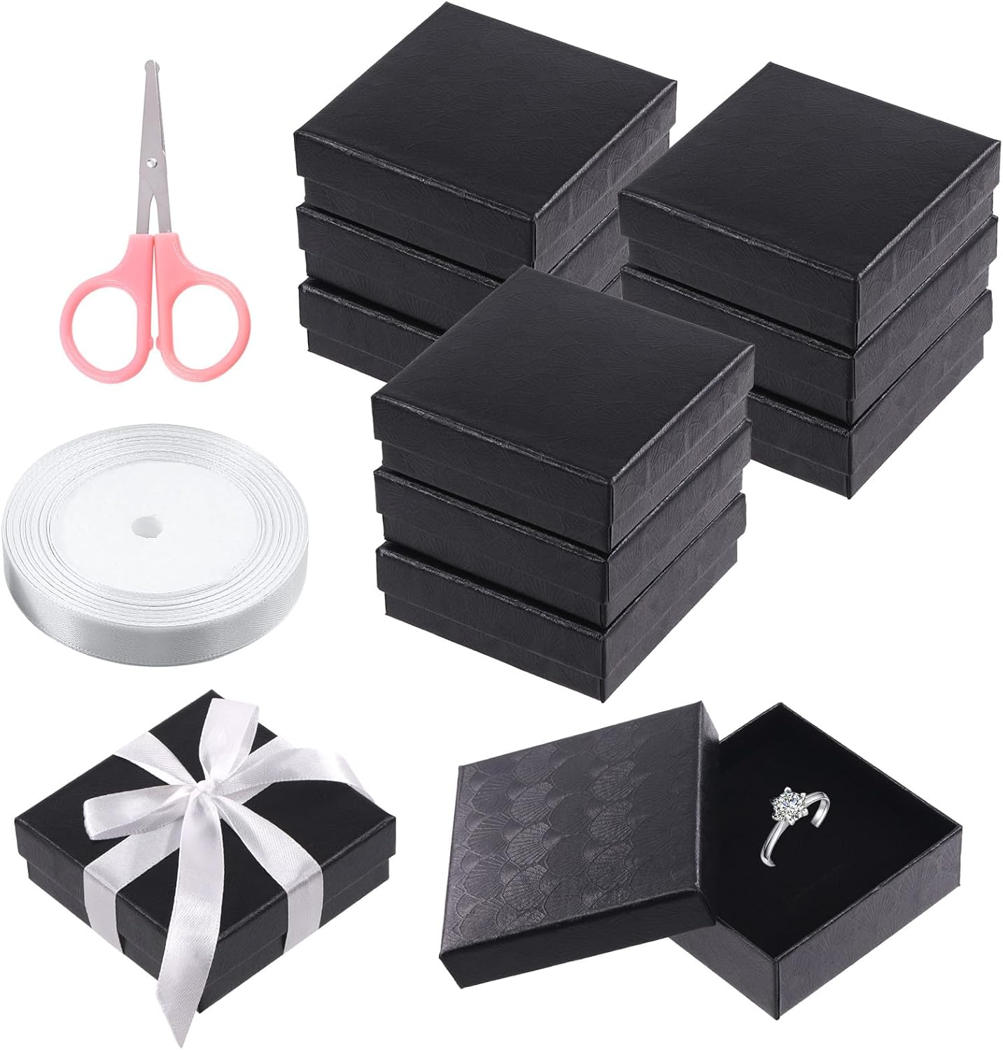 Swpeet 12Pcs Pink 3.5 X 3.5 X 1.2Inch Fan Pattern Cardboard Jewelry Gift Boxes with Scissors and Polyester Ribbon Assortment Kit, Necklace Earring Bracelet Boxes Gift Case for Jewelry Storage
