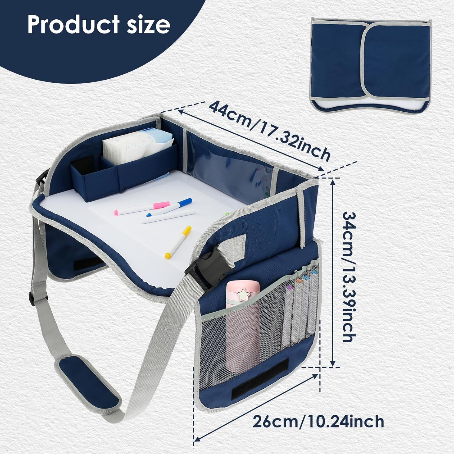 Car Seat Tray Travel Lap Desk Accessory with Adjustable Strap Portable Easy to Clean Car Seat Tray Large Multifunction Backseat Tray Table Holder for Your Child'S Rides and Flights (Navy Blue) - Navy Blue image number 1