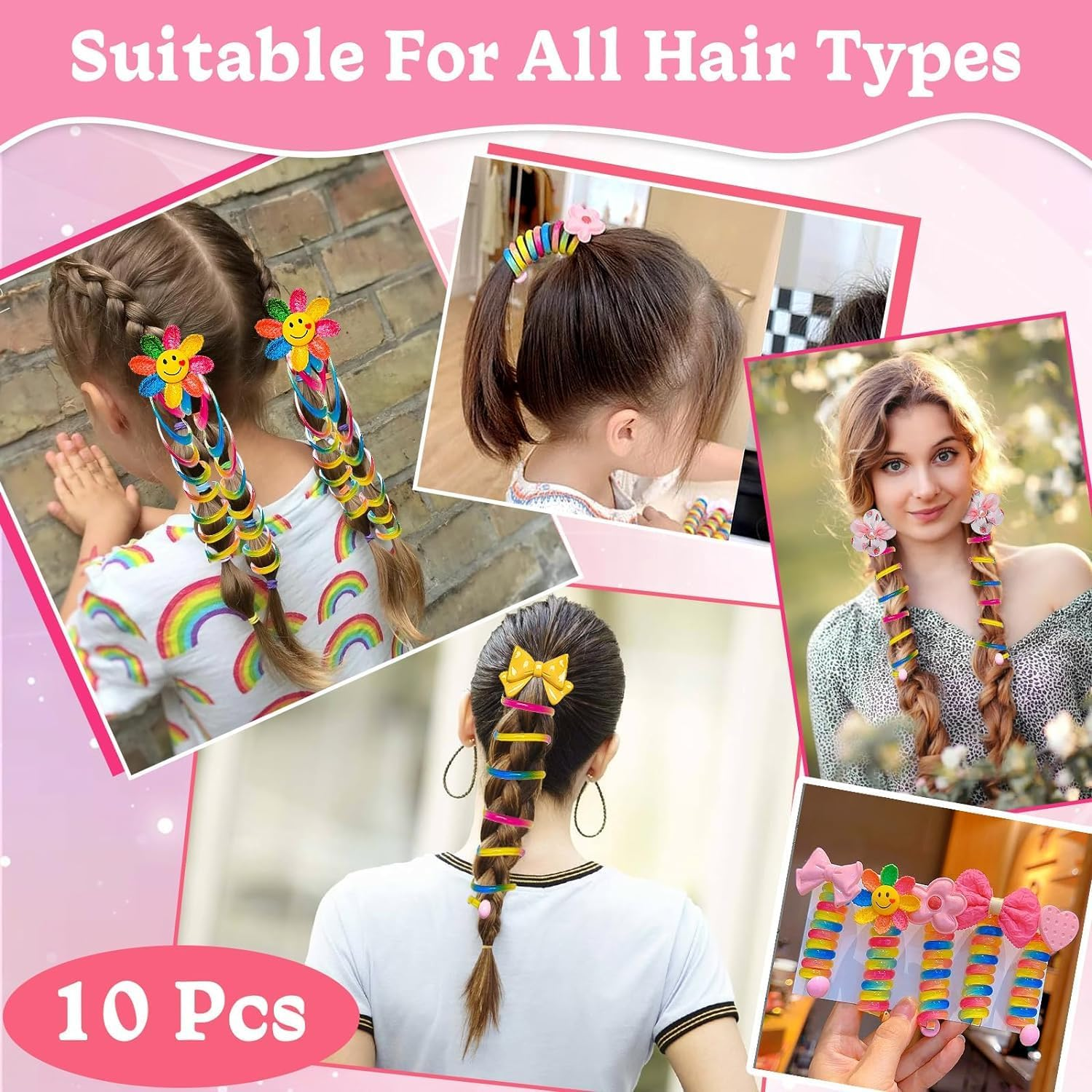 10 PCS Colorful Telephone Wire Hair Bands for Kids, Spiral Hair Ties, Bowknot Braided Telephone Wire Hair Bands, Ponytail Holder Accessories for Women Girls (Multicolor)