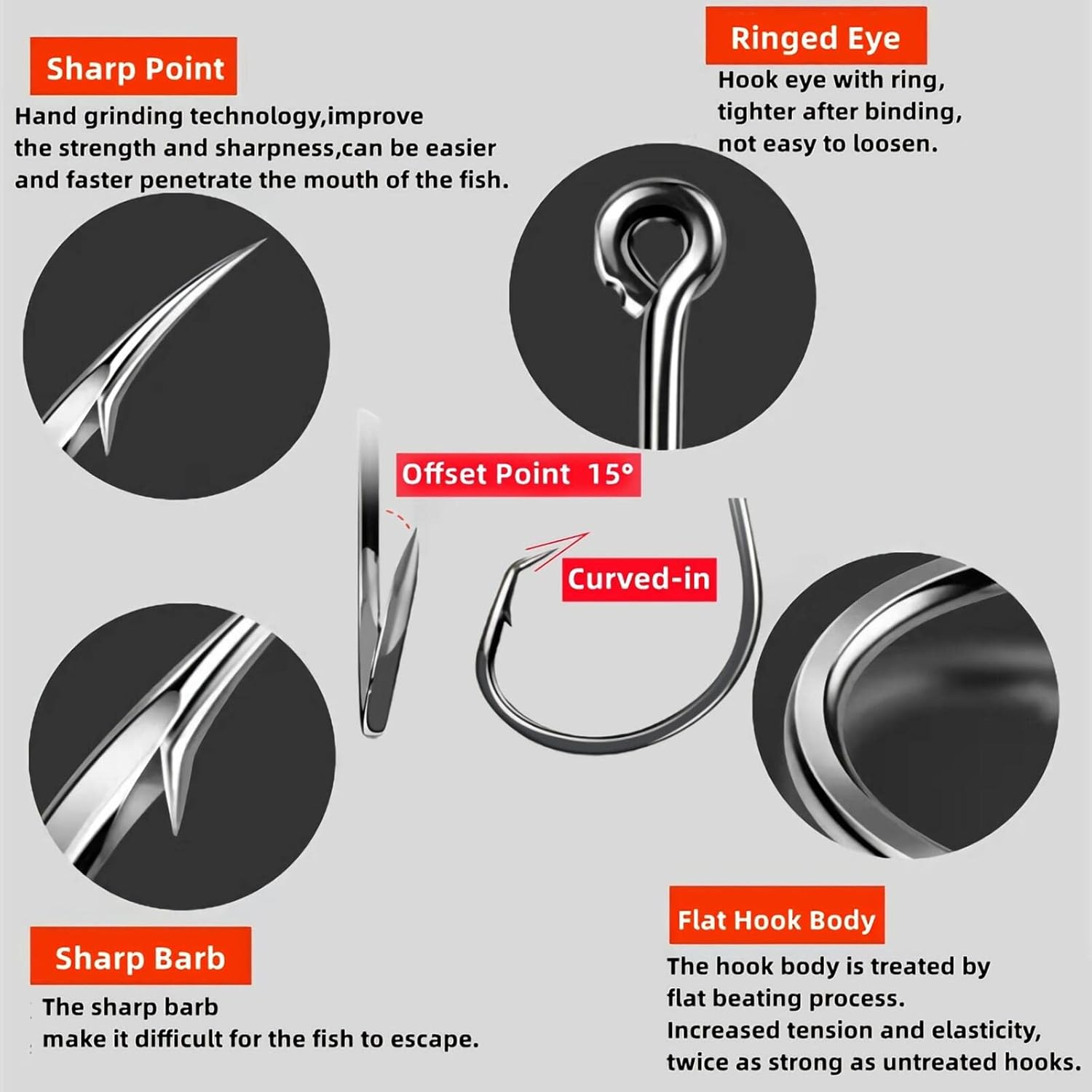 Fishing Hooks 2X Strong Offset Octopus Sport Circle Hooks Freshwater Saltwater Fish Hooks Bulk Fishing Hooks Set #1 1/0 2/0 3/0 4/0 5/0 6/0 8/0 - Black-170Pcs image number 2