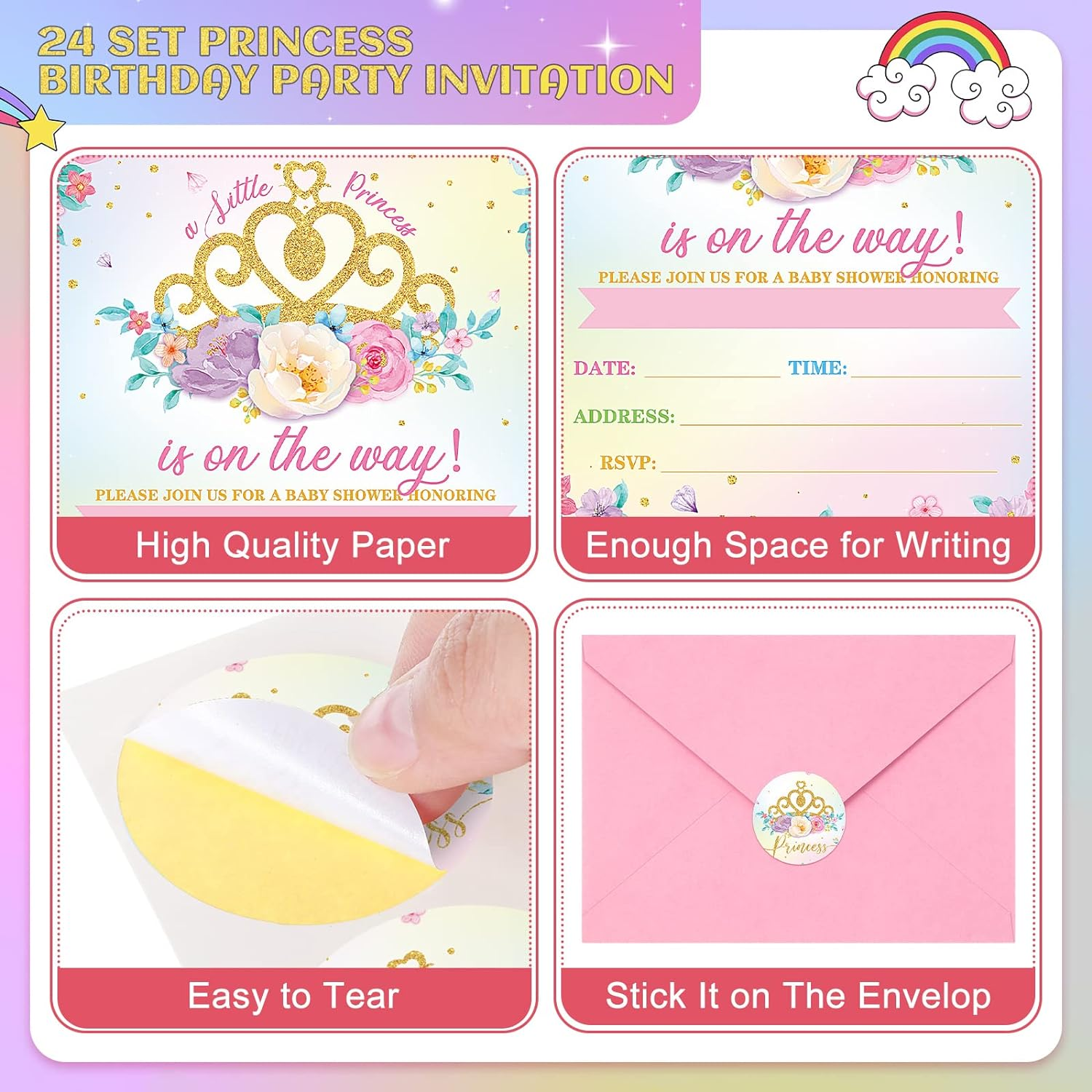 Taobary 24 Set Pink Princess Baby Shower Invitations for Girl, Princess Birthday Party Invitations Cards with Envelopes, and Stickers for Party Favors Girls Castle Supplies(Baby Shower) image number 2