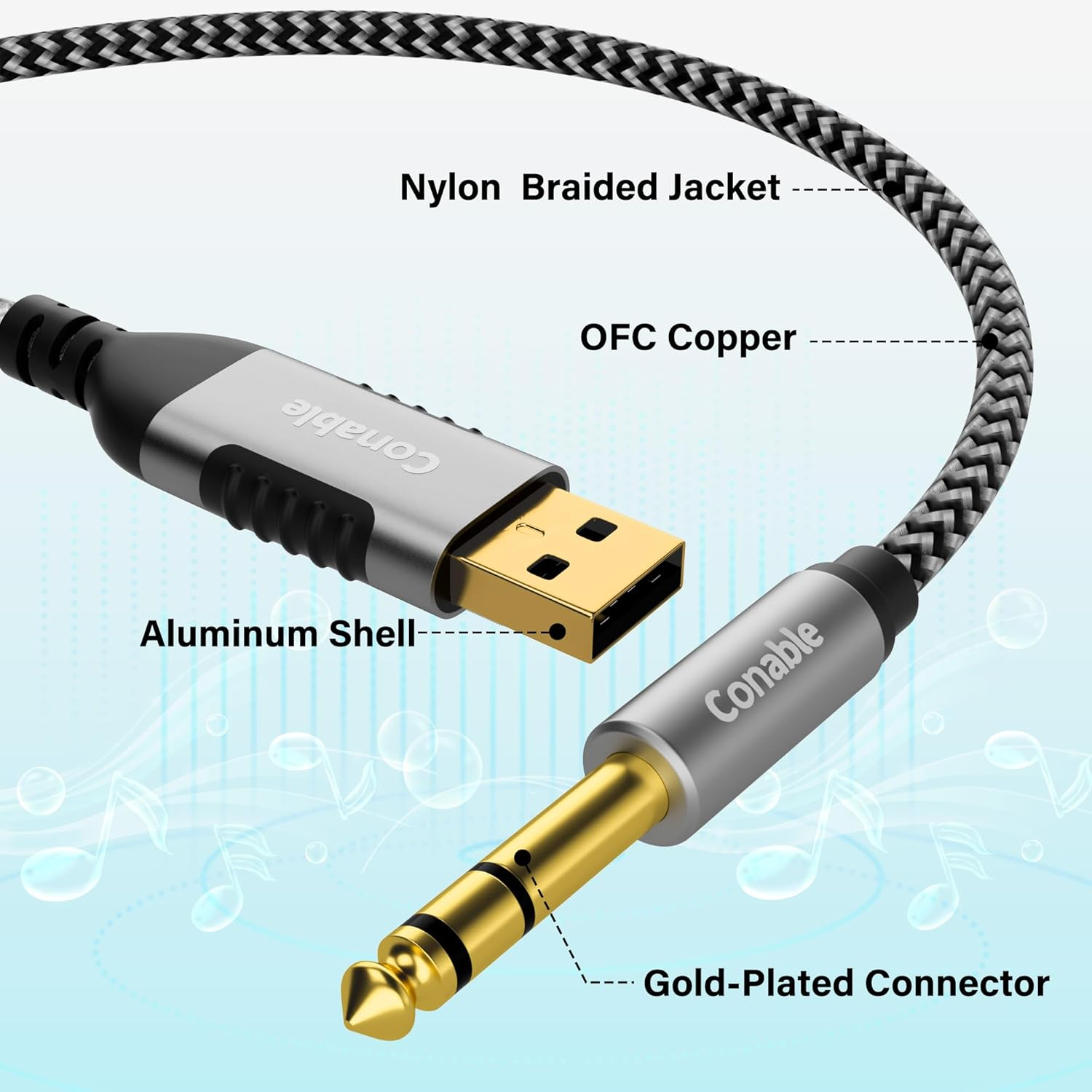 USB to 6.35Mm TRS Stereo Audio Cable 4 FT, USB-A to 1/4" Audio Adapter Aux Jack Stereo Cord, Gold-Plated Connector, Nylon Braided Jacket, DAC Chip, for Laptop, Amplifier, Mixer, Home Theater, Speaker image number 1