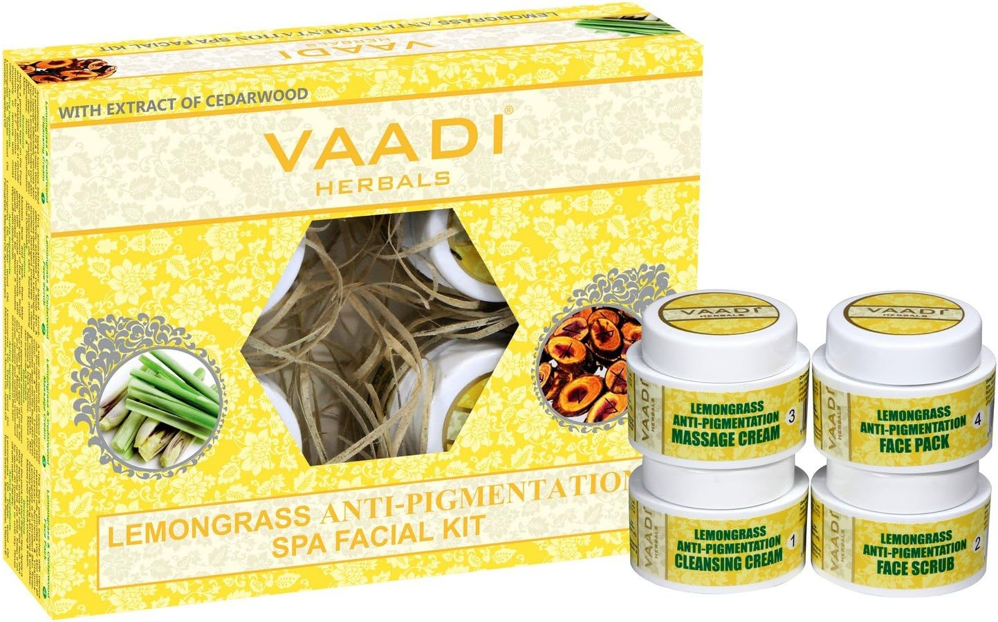 Vaadi Herbals Organic Facial Kit (Cleansing Cream + Face Scrub + Massage Cream + Face Pack ) - Lemongrass anti Pigmentation Spa Facial Kit with Cedarwood Extract - anti Aging Skin Care Acne Kit- Reduce Wrinkles under Eye Dark Circles - Sulfate Free - for Men Women All Skin Types - All Natural 70 Gms image number 1