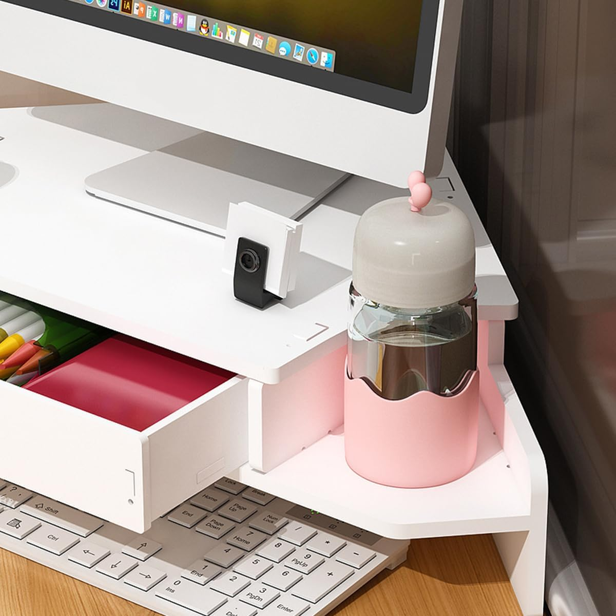 AIMALL Corner Computer Monitor Stand Triangular Desk Riser with Storage Shelf and Optional Drawer, Space-Saving Office Workstation Organiser for Desktop Accessories and Improved Viewing Height image number 2