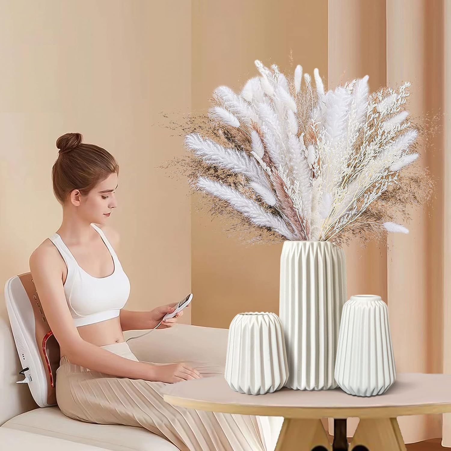 White Ceramic Vase -Set of 3 Boho for Modern Home Decor,Nordic Minimalism Decor Office Entryway Living Room Centerpiece Table Decorations Vases - White 3 Set image number 4