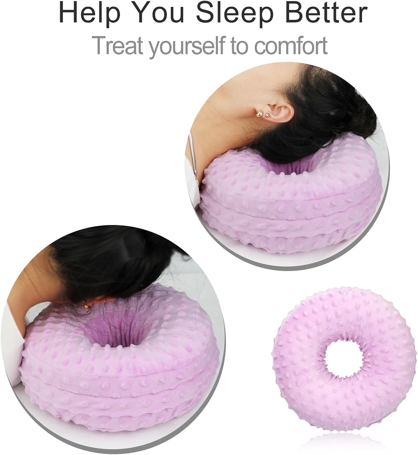 Heal N Hope Washable Ear Piercing Pillow with Removable Pillowcase Donut Pillows Hole for Ear Pain Relief CNH Sleeping Pressure Sore Side Sleepers Ear Guard Protector Cover (Minky Dot Lavender) - Minky Dot Black image number 4