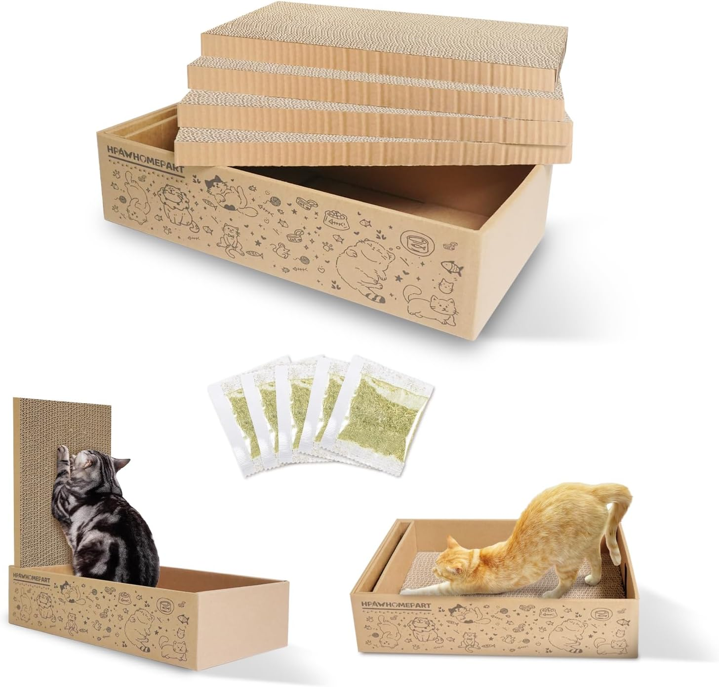 Cat Cardboard Scratcher, M-Sized Cat Scratch Pad for Indoor Cats, 4 PCS Cat Scratching Board with Box Reversible Cat Scratcher Suitable for Medium and Small Cats to Rest and Scratch image number 1