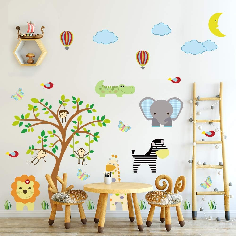 Supzone Jungle Animal Wall Stickers Monkey Tree Wall Decals Elephant Giraffe Zebra Vinyl Forest Animal Wall Stickers DIY Removable Home Decoration Baby Nursery Girl Boy Kids Room Wall Decor