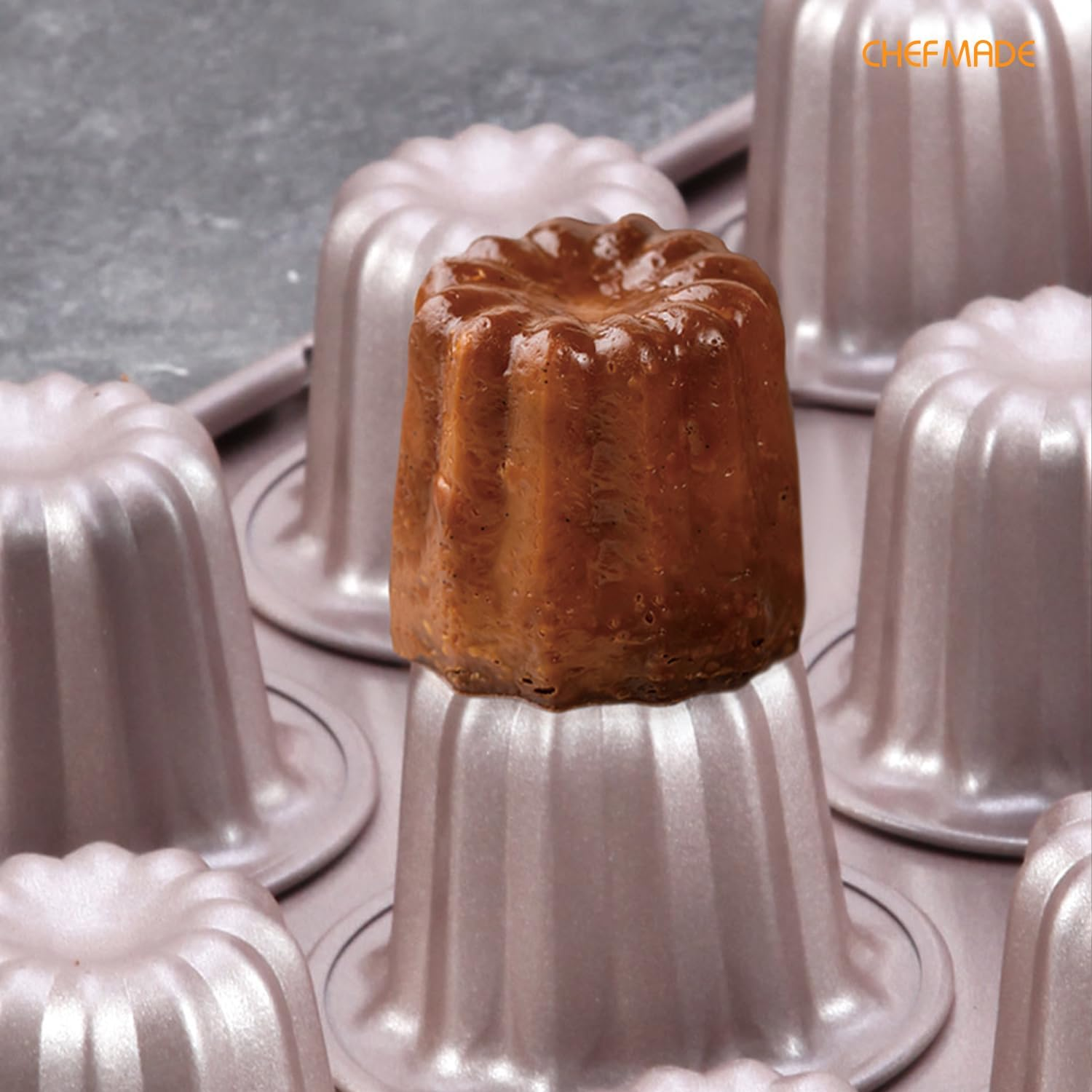 CHEFMADE Mini Canele Mold Cake Pan, 20-Cavity Non-Stick Mini Canele Muffin Bakeware Cupcake Pan for Oven Baking (Champagne Gold), (Gold-Bake-Wk9952) image number 1